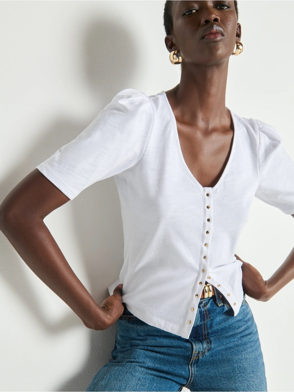 NEW Nation LA Button-Front Puff Sleeve Top